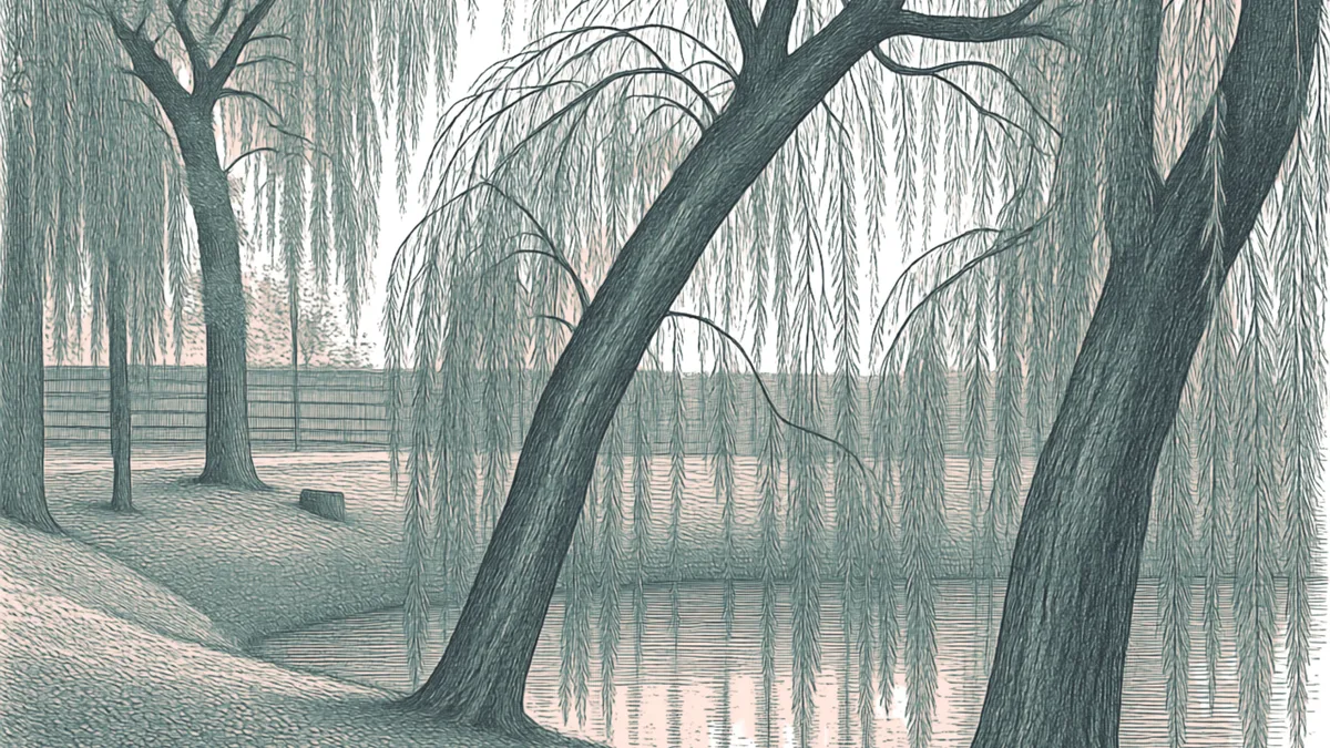 Pen-and-ink illustration of willow trees beside still water, with long branches hanging over the shoreline.