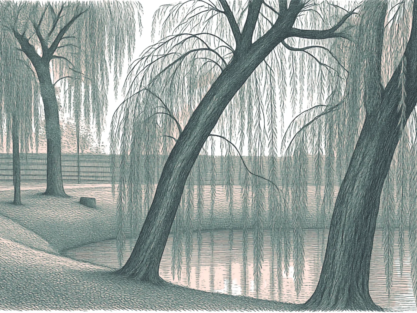 Pen-and-ink illustration of willow trees beside still water, with long branches hanging over the shoreline.