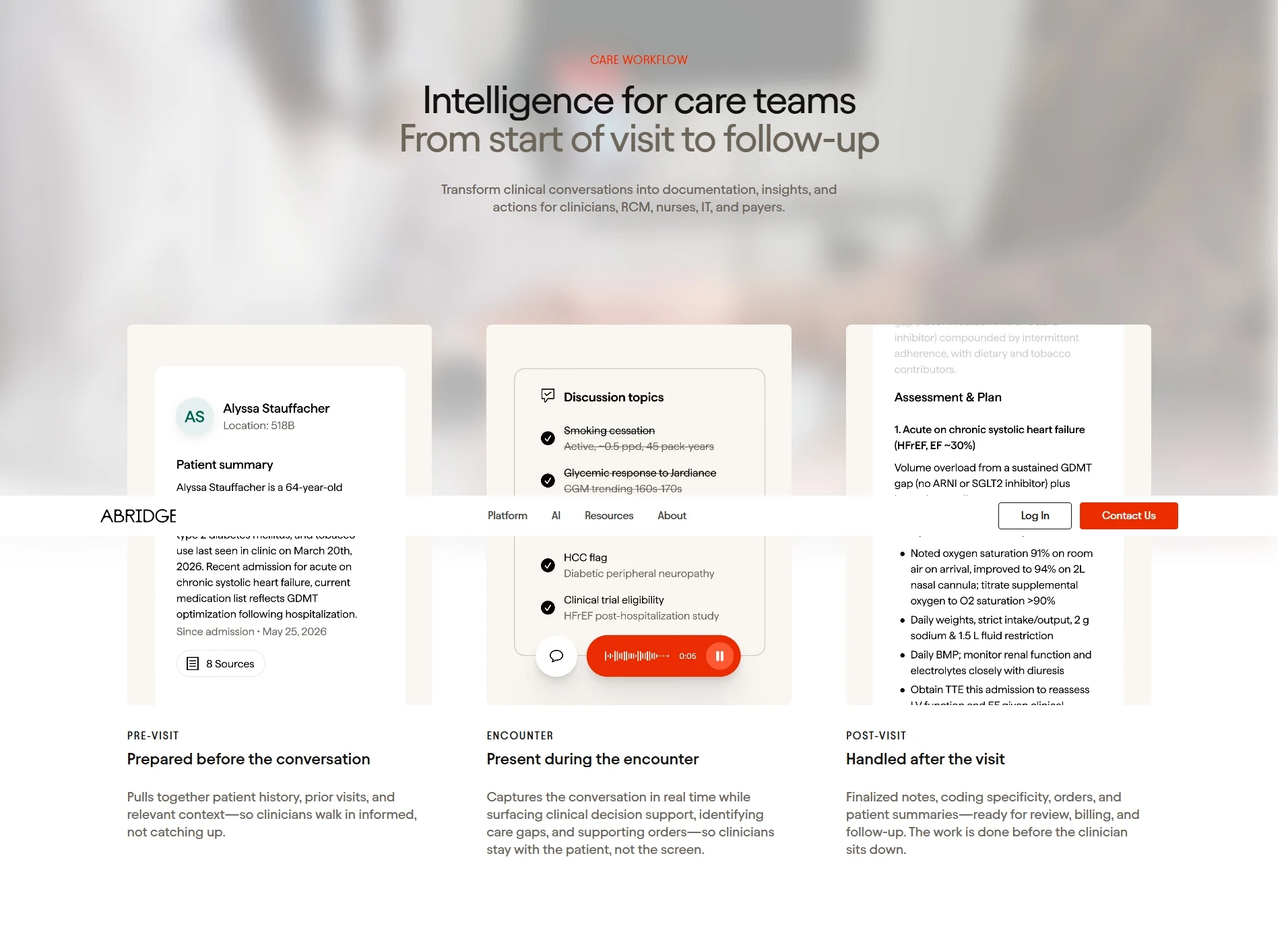 Secondary screenshot of the Abridge public website captured in July 2026