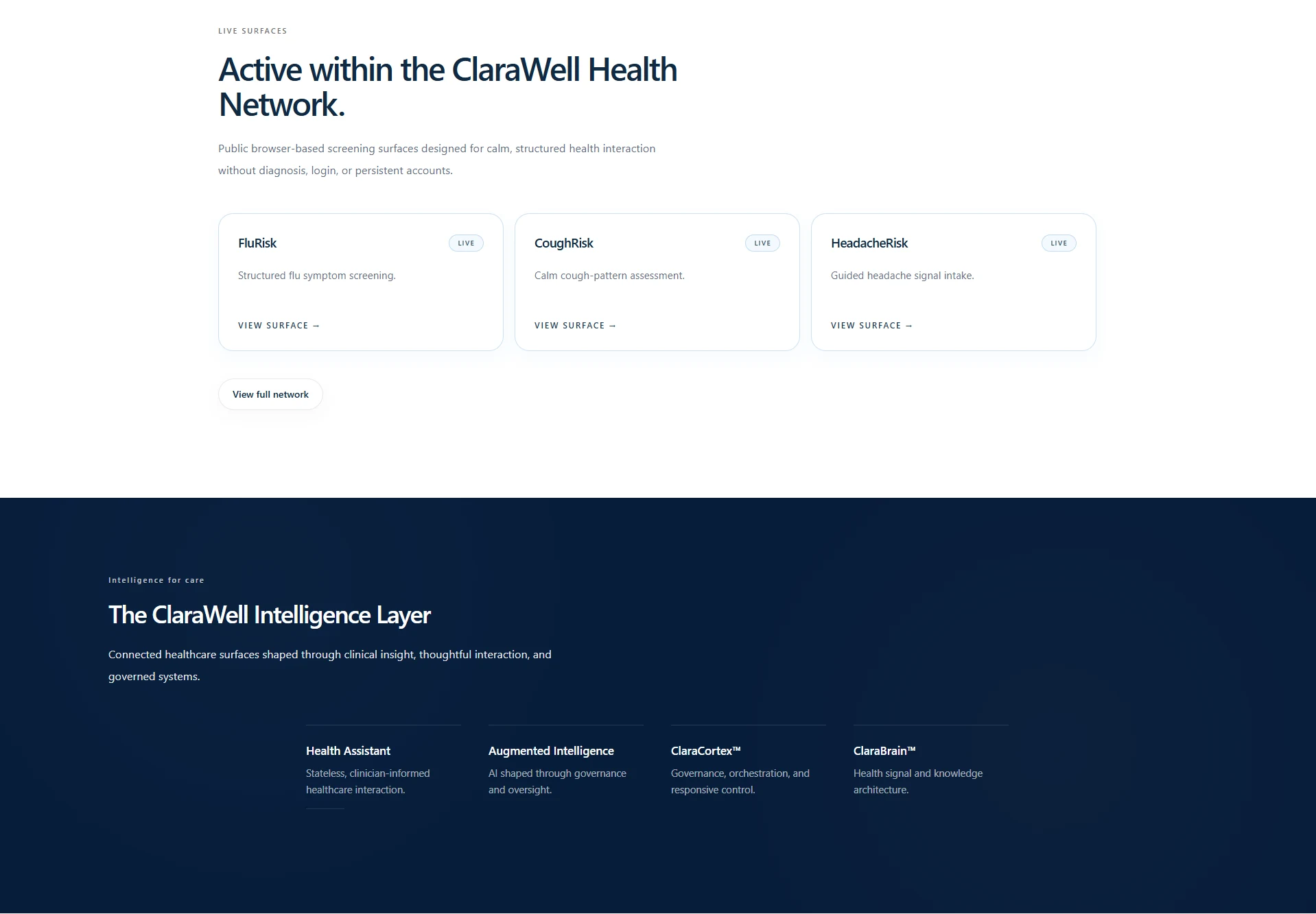 Secondary screenshot of the ClaraWell public website captured in July 2026