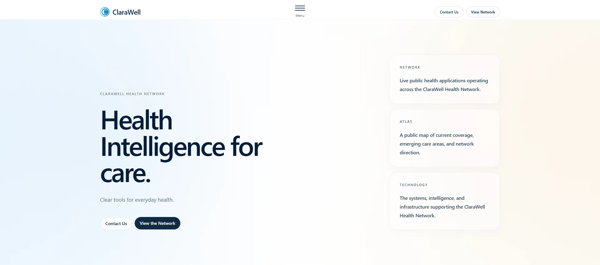 Screenshot of the ClaraWell public website captured in July 2026